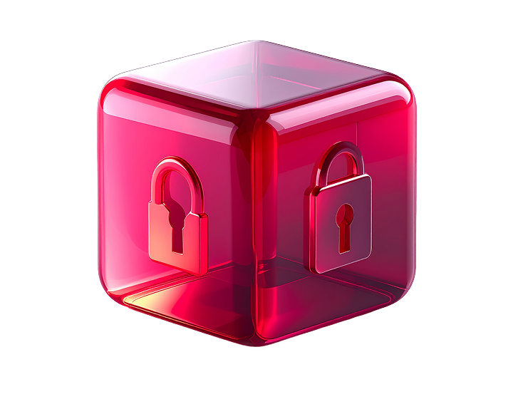 Cubo vermelho translúcido com ícones de cadeado. Segurança digital.