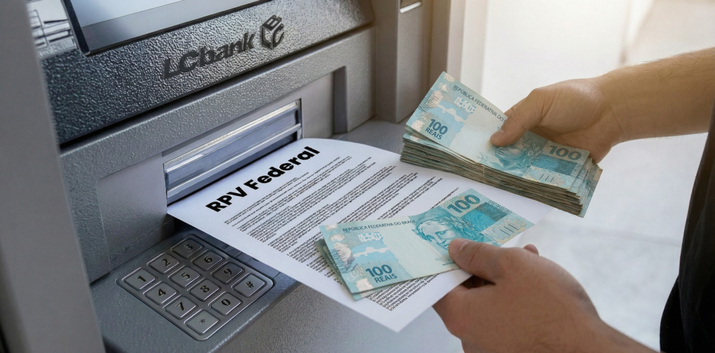 Notas de 100 reais e documento "RPV Federal" saindo de um caixa eletrônico.