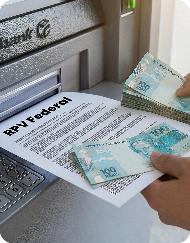 Notas de 100 reais e documento "RPV Federal" saindo de um caixa eletrônico.