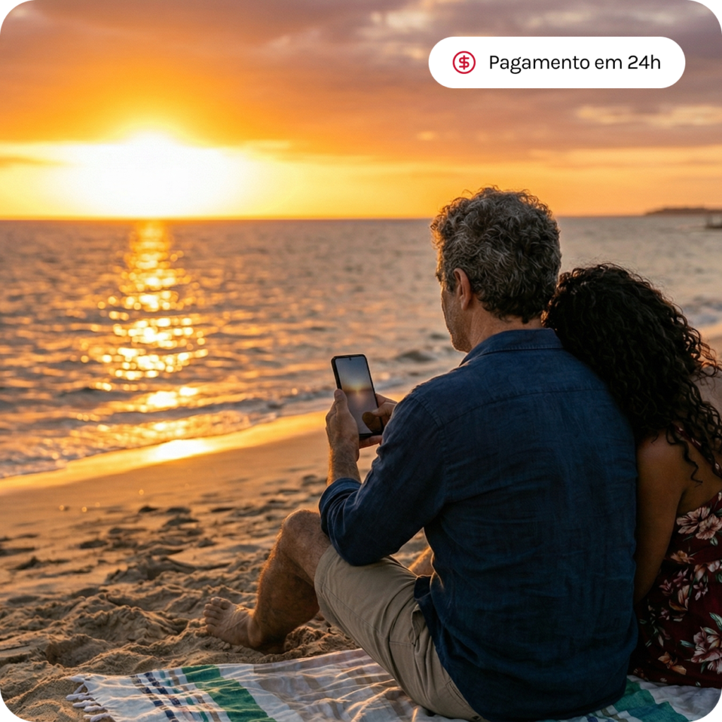 Casal na praia ao pôr do sol, homem usando celular. Pagamento em 24h.