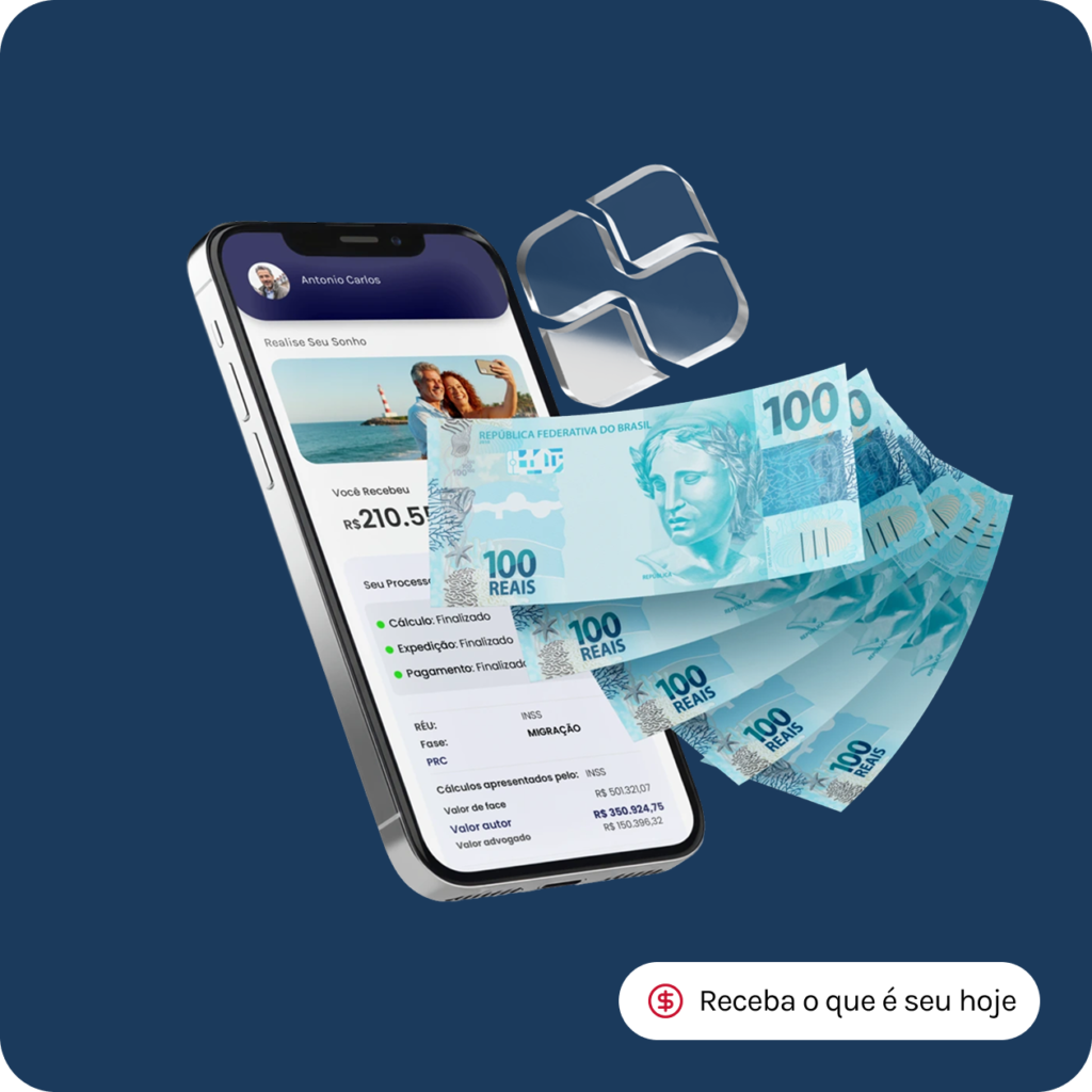 Um celular mostrando um aplicativo financeiro com notas de 100 reais ao lado. Receba o que é seu hoje.