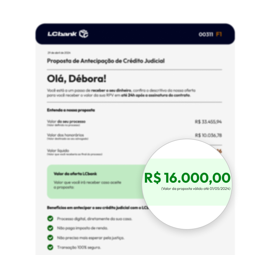 Proposta da LCbank de antecipação de crédito judicial para Débora no valor de R$16.000,00