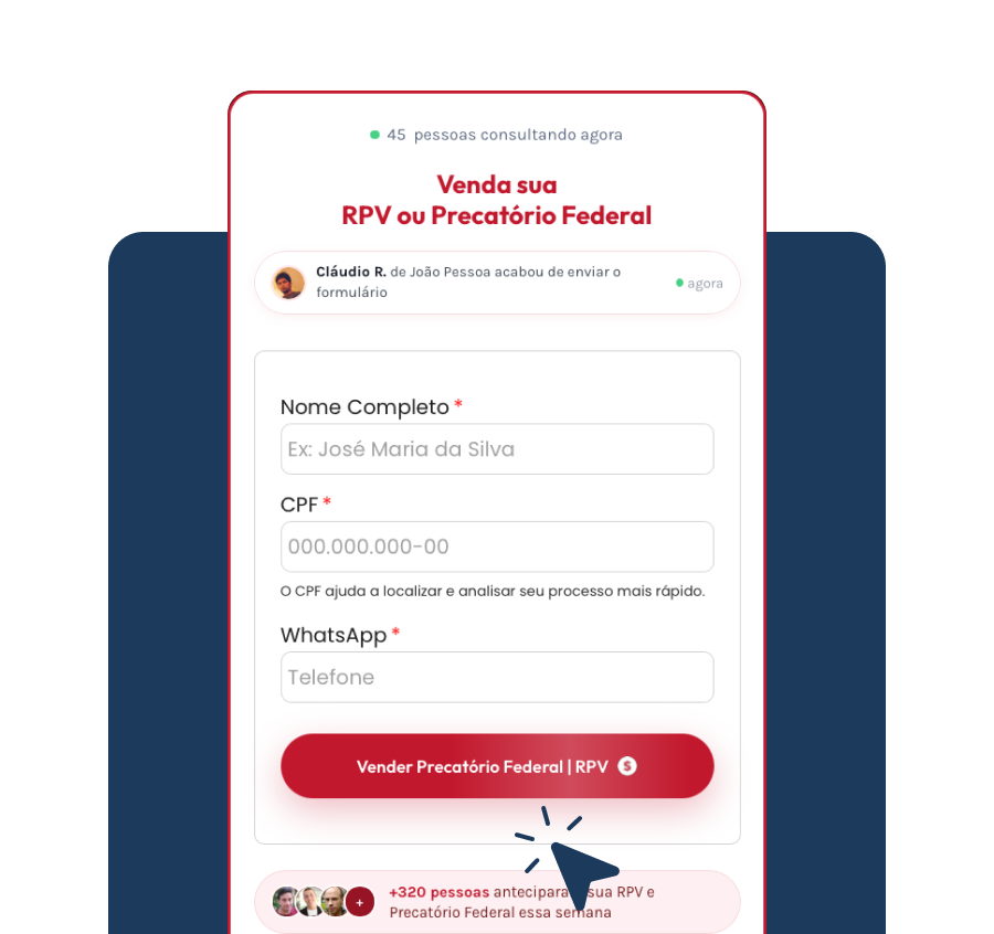 Formulário online para venda de RPV ou Precatório Federal, com campos para nome, CPF e WhatsApp.