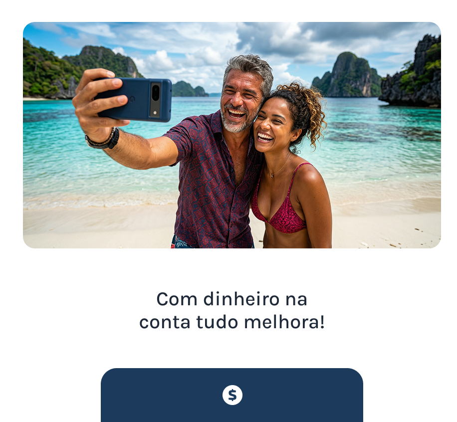 Casal feliz tirando selfie na praia paradisíaca. Com dinheiro na conta tudo melhora!