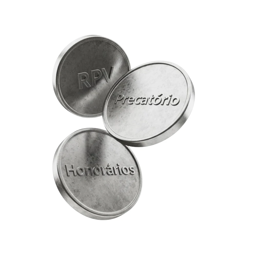 Moedas prateadas com "RPV", "Precatório" e "Honorários".