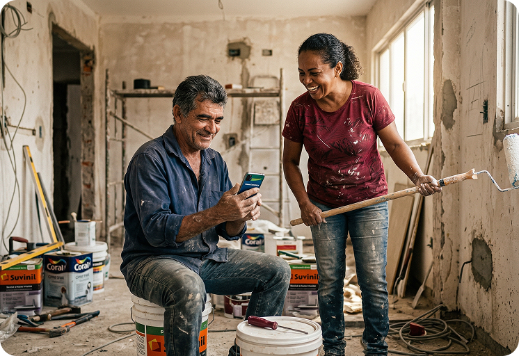 Casal sorrindo em reforma, homem vendo celular. Latas de tinta e rolo de pintura. Novo layout.