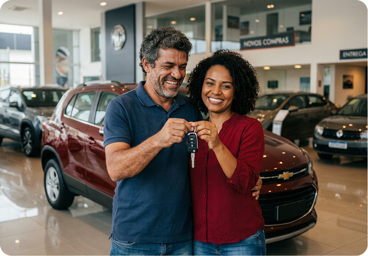 Casal sorrindo com chaves de carro novo na concessionária.