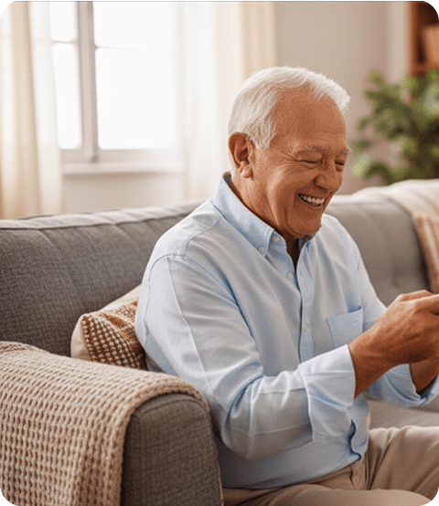 Homem idoso sorrindo no sofá, usando um celular. Relaxando em casa.