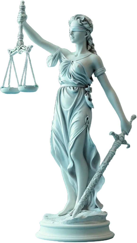 Estátua da Justiça com balança e espada, simbolizando o direito e a lei.