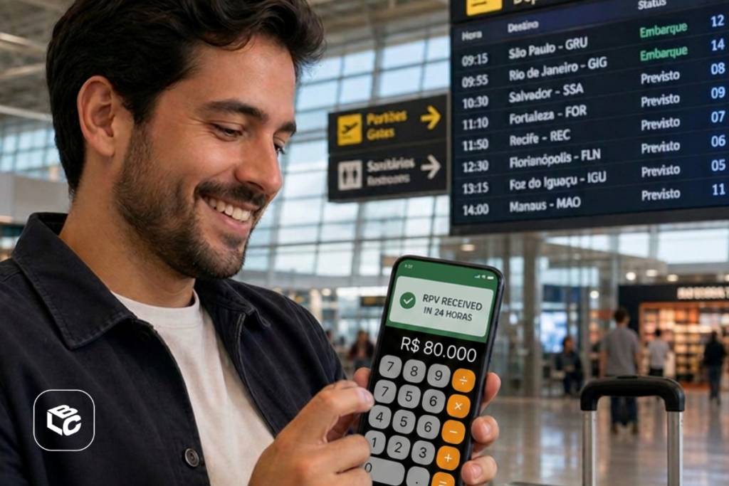 Homem sorri usando calculadora de celular com RPV R$ 80.000 em aeroporto