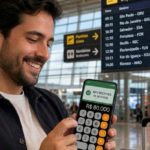Homem sorri usando calculadora de celular com RPV R$ 80.000 em aeroporto