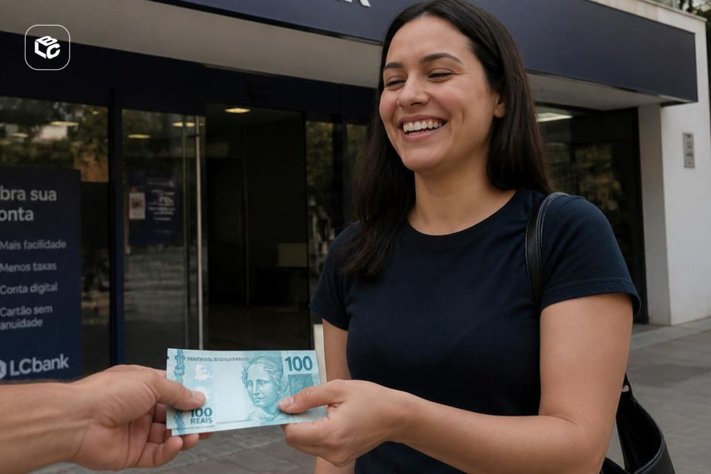 Mão entrega nota de 100 reais para mulher sorrindo em frente a banco